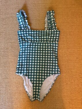 Women’s Green Gingham One-Piece Swimsuit with Ruffle Straps - Ephemera